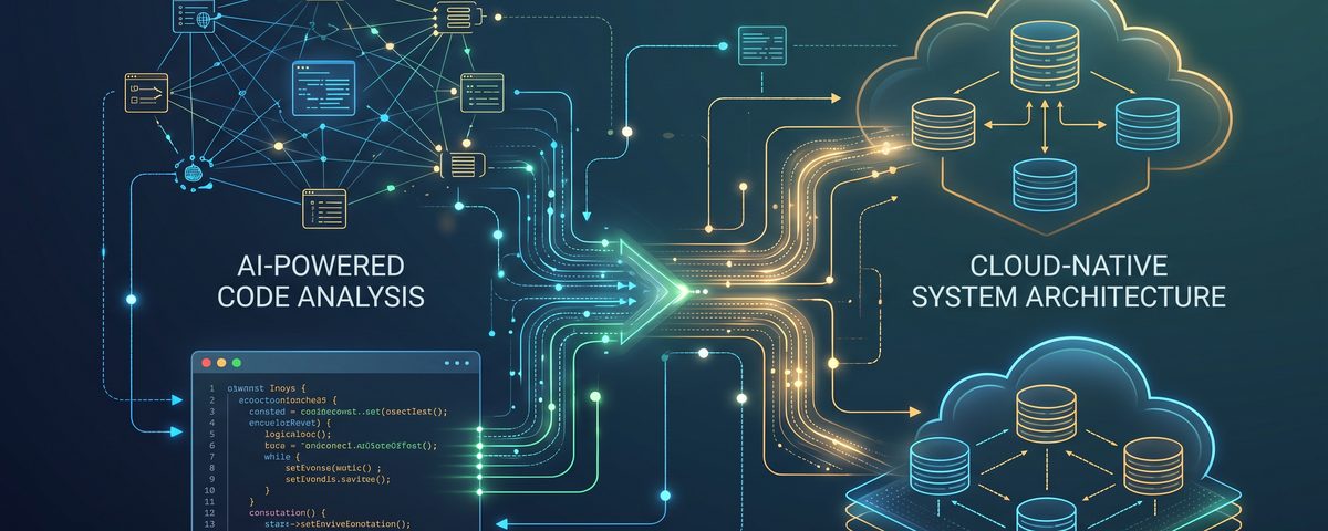Diagram of AI-powered code analysis flowing into cloud-native system architecture