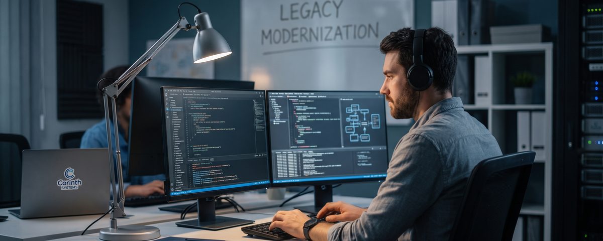 Engineer modernizing a legacy application at a dual-monitor workstation