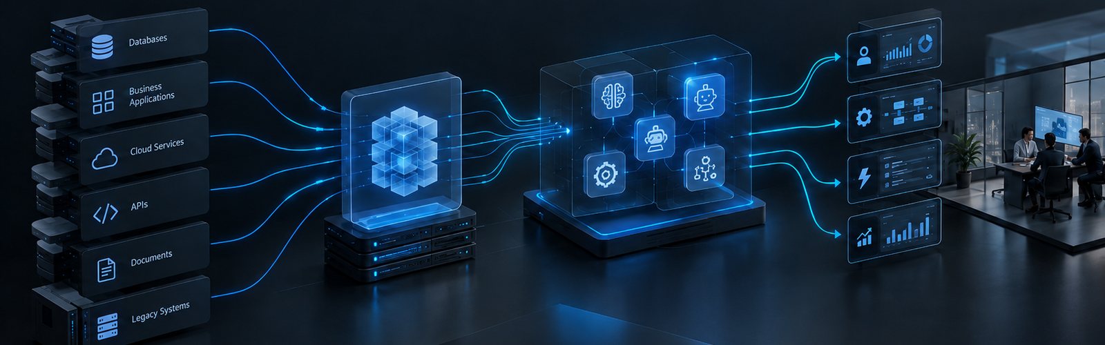 Databases, business applications, APIs, documents, and legacy systems connected through an AI agent into dashboards