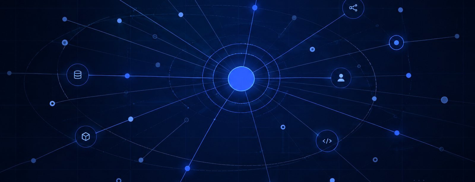 Production AI system map: an AI core connected to security, data, users, code, and monitoring