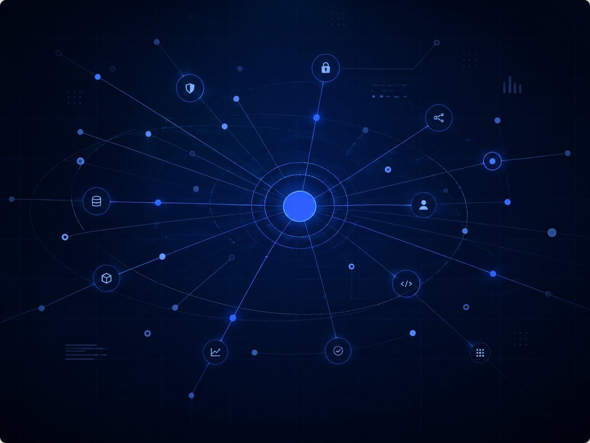 Production AI system map: an AI core connected to security, data, users, code, and monitoring